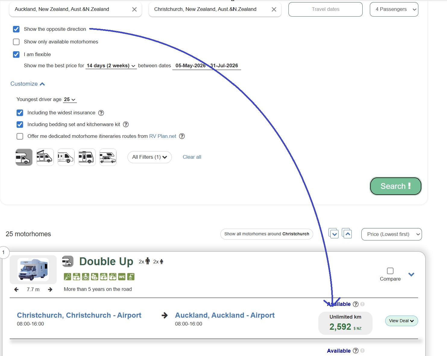 motorhome rentals in  PRICES Example